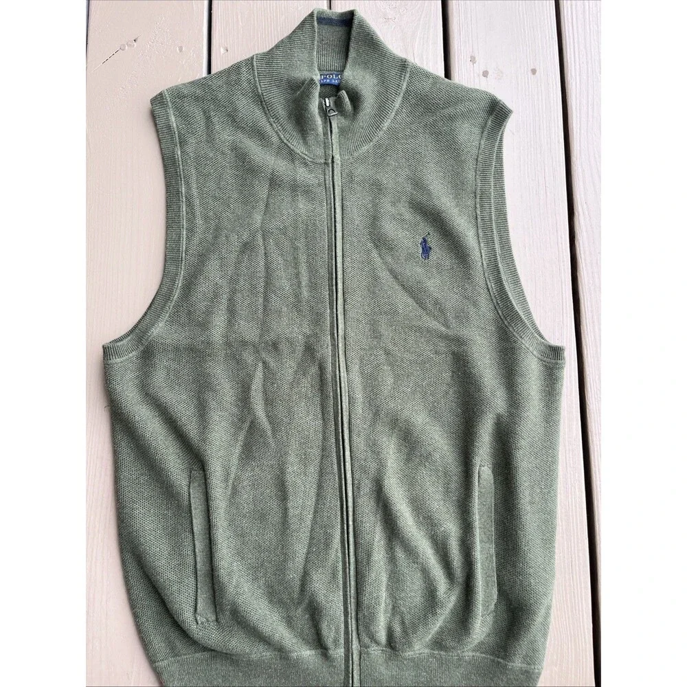 POLO Ralph Lauren Men's Knit Sweater Vest Full Zipper Cotton Green Size Large